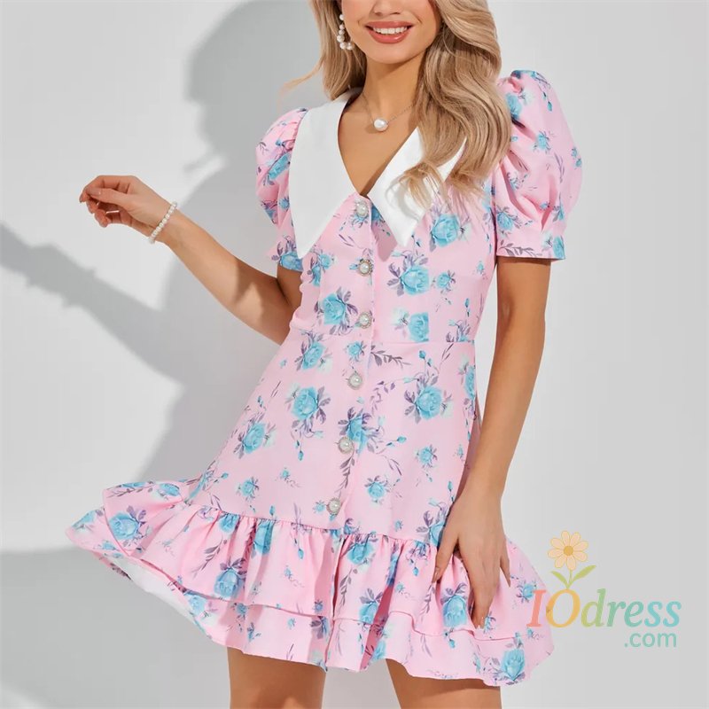 IO Dress Tornova Print Puff Sleeves Ruffled Dress Women's V-Neck High Waist Pearl Buttons Mini Dress Female Casual Vacation Fashion Dress