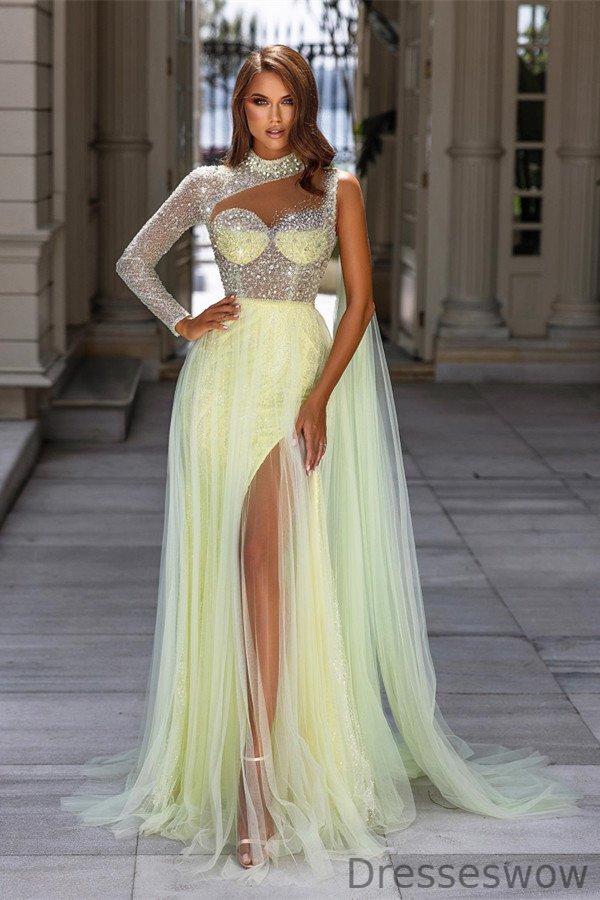 Dresseswow Daffodil High Neck Evening Dress Long Sleeves Tulle Split With Sequins Beads