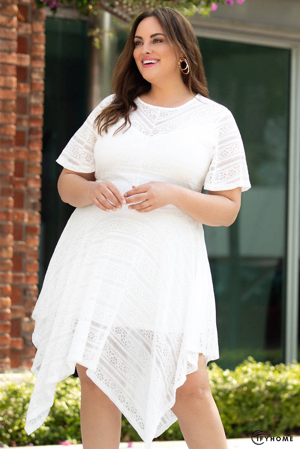 Plus Size Round Neck Short Sleeve Lace Trim Dress | IFYHOME