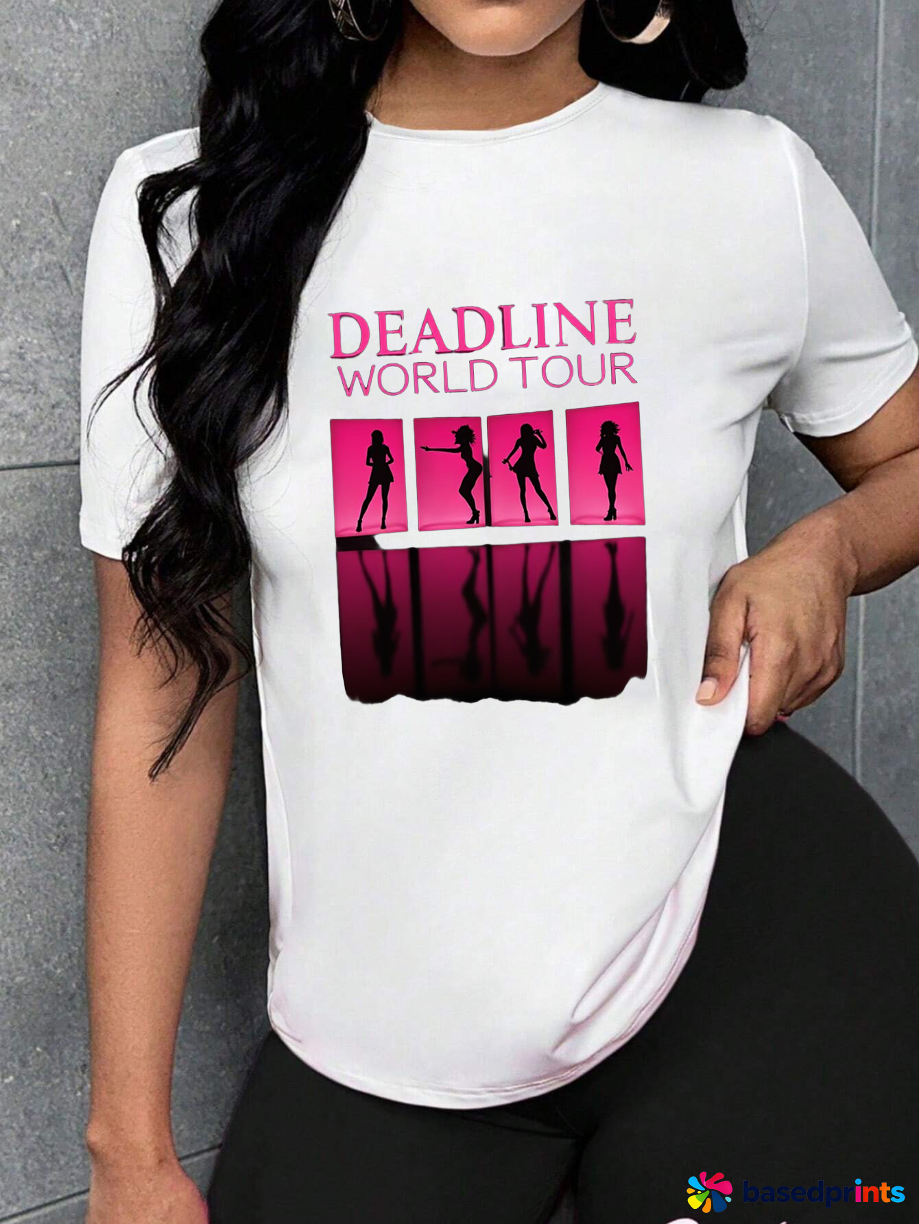 Pink and White Women's T-Shirt with Silhouette Design