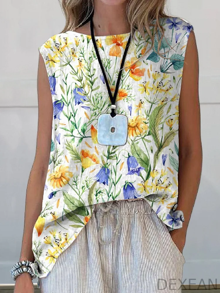 Watercolor Botanical Floral Pattern Printed Women's Casual  Cotton And Linen Tank Top