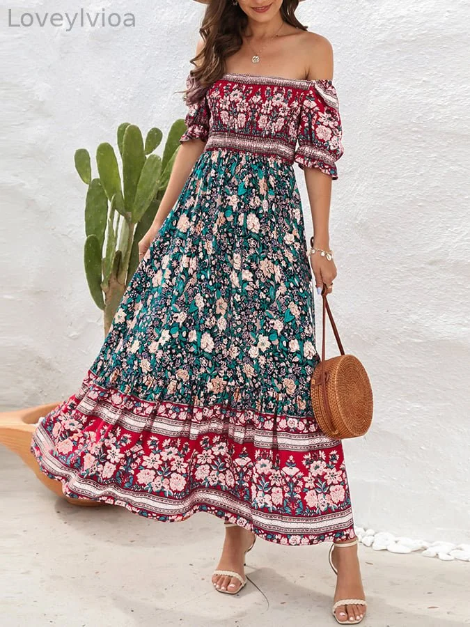 Bohemian Print Square Neck Swing Dress