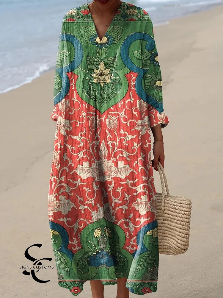 Cotton Dress with Charming Vintage Floral Art Print