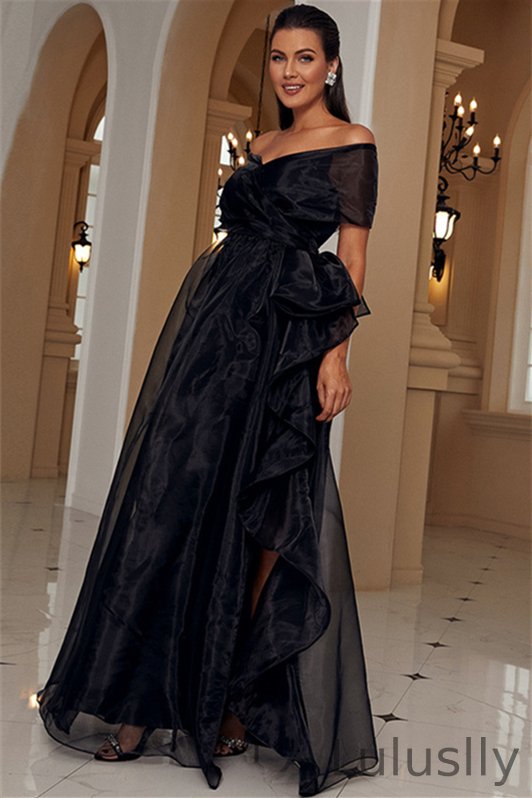 Luluslly Off-the-Shoulder Tulle Black Evening Dress Long YE0188