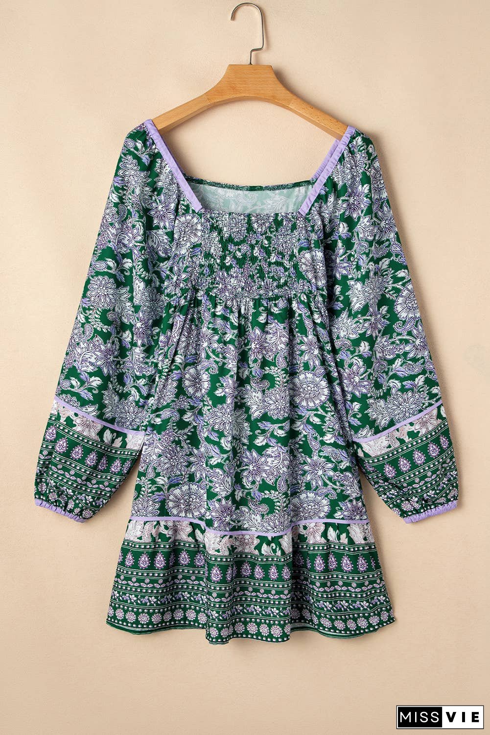 Floral Piping Trim Bubble Sleeve Square Neck Dress (S-XL)