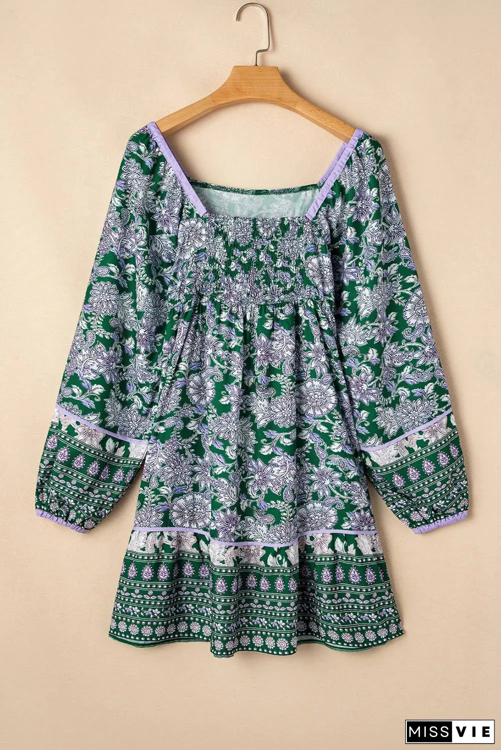 Floral Piping Trim Bubble Sleeve Square Neck Dress (S-XL)