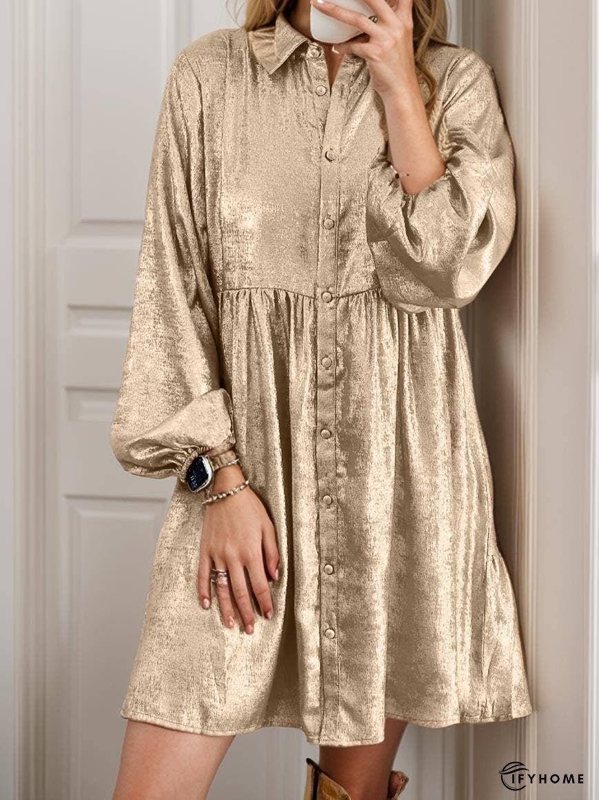 Metallic Sheen Puff Sleeve Mini Shirt Dress | IFYHOME