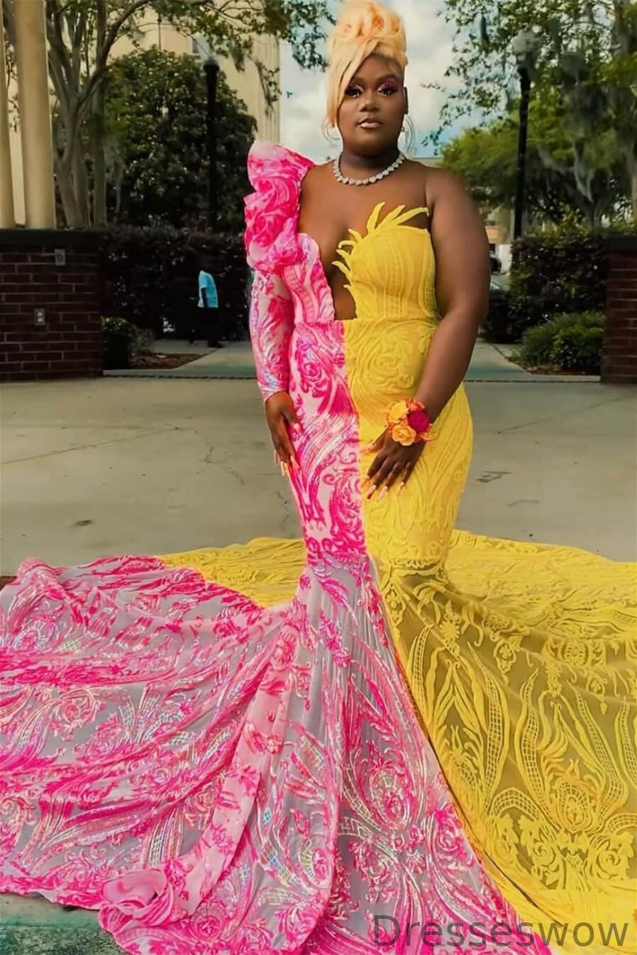 Dresseswow Pink and Yellow Long Sleeve Mermaid Evening Gowns Sequins Online