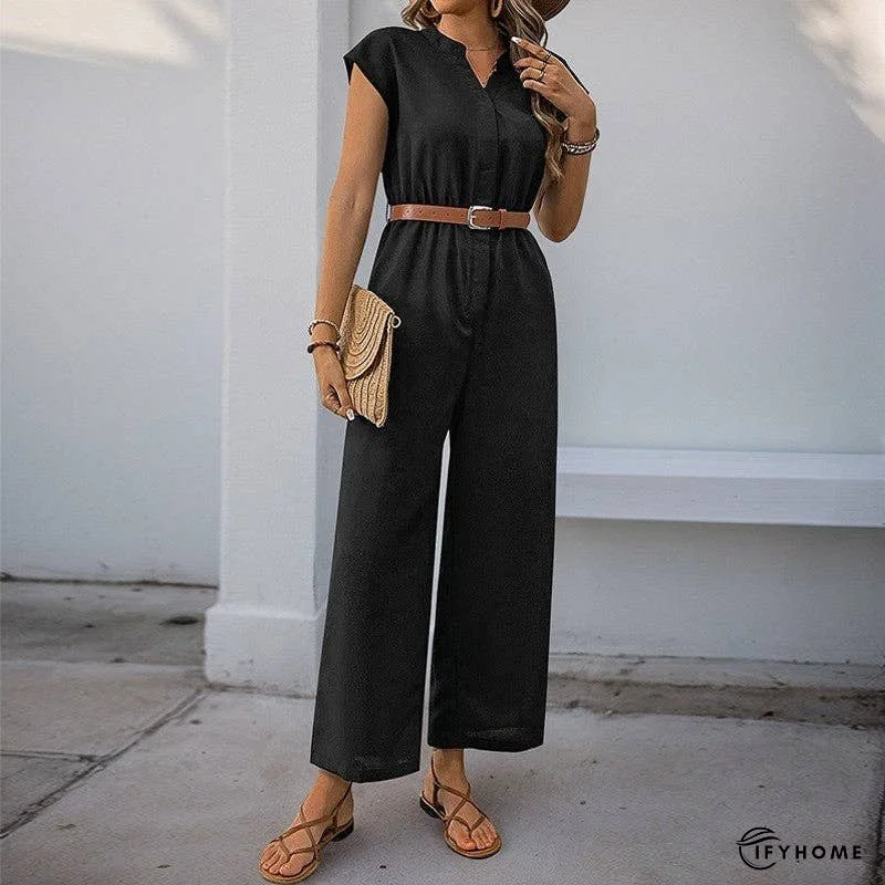 Solid Color Short Sleeve Stand Collar Jumpsuit | IFYHOME