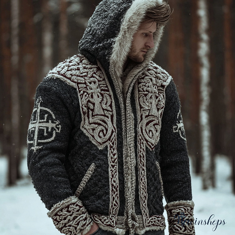 Viking Retro Men's Hooded Knit Sweater Jacket