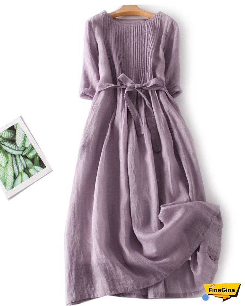 Loose Cotton Linen Tie Three Quarter Sleeve Dress