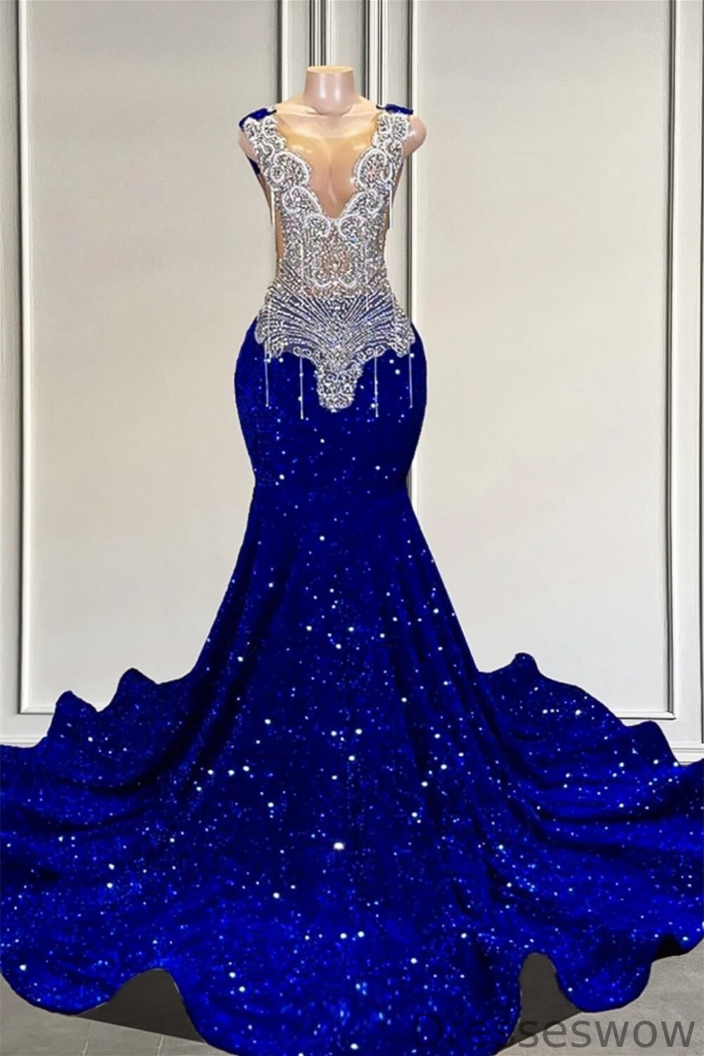 Dresseswow Royal Blue Scoop Sleeveless Mermaid Evening Gowns With Beadings Sequins