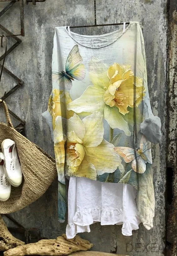 Vintage Narcissus Butterfly Print Long Sleeve Irregular Top