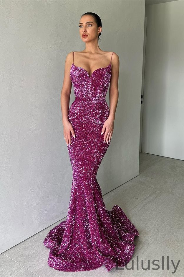 Luluslly Spaghetti-Straps Mermaid Sequins Prom Dress Long