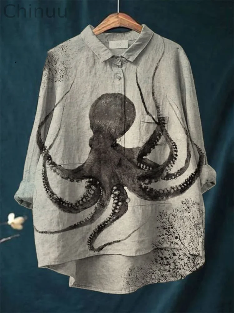 Vintage Japanese Octopus Pattern Art Print Casual Cotton And Linen Shirt