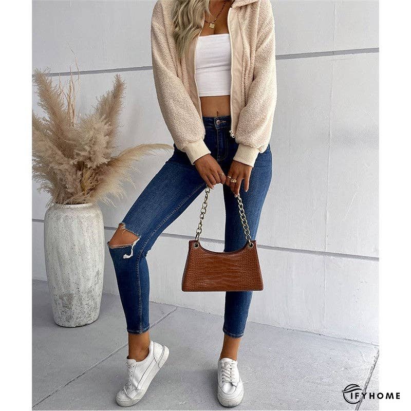 Solid Color Short Lapel Long Sleeve Sherpa Jacket | IFYHOME