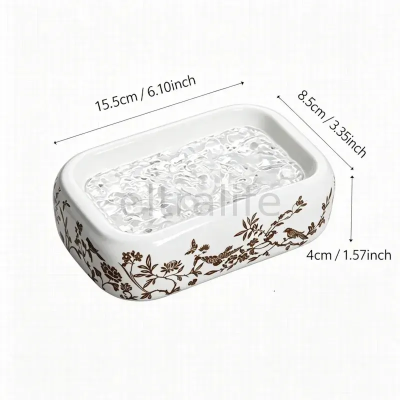 Fine Ceramic Soap Dish Vintage Floral Bird Pattern Household Soap Holder for Bathroom & Toilet eltralife
