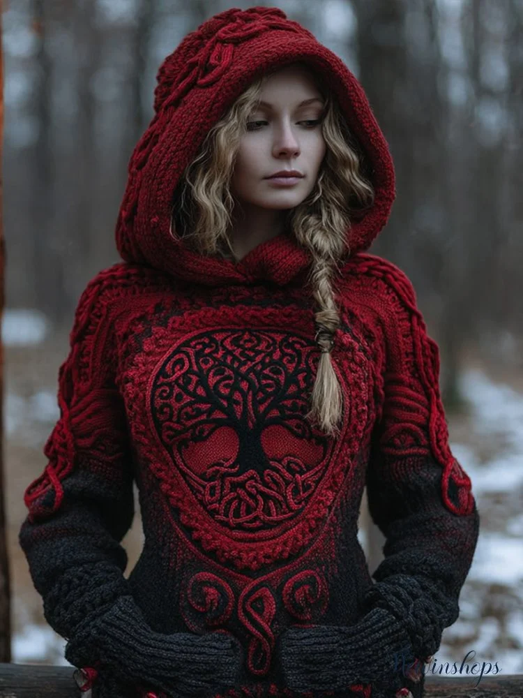 Women's Viking Style Tree Of Life Celtic Knot Gradually Changing Color Warm Hooded Sweater
