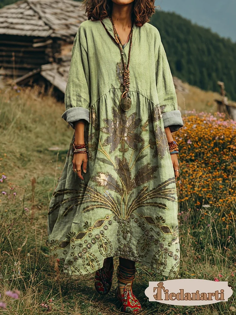 Women's Vintage Floral Art Print V-Neck Long Sleeve Cotton Pocket Dress