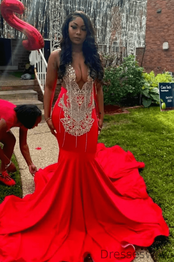 Dresseswow Red Sleeveless Mermaid Ball Dress With Beadings Long