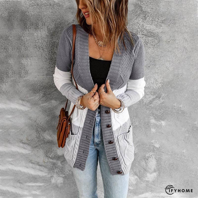 Contrasting Striped Open Front Twist Flower Mid-Length Sweater | IFYHOME