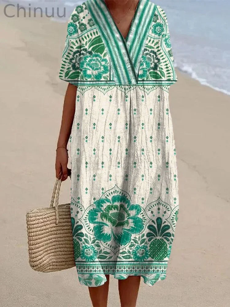 Japanese Art Floral Pattern Linen Blend Midi Dress