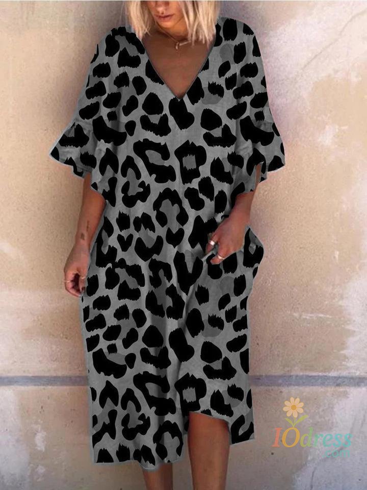 IO Dress Fashion Leopard Print Dress Lady Casual Vintage V Neck Pullover Loose Ruffles Dresses For Women Summer Holiday Womens Clothing