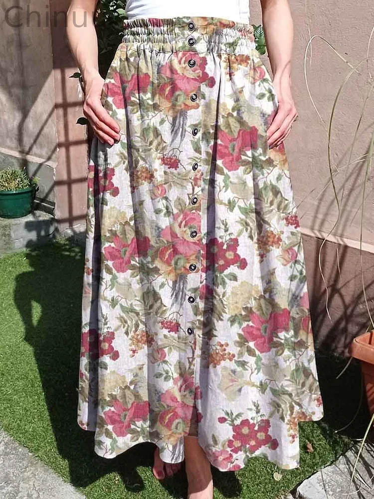 Women's Elegant Simple Rose Flower Print Cotton Skirt