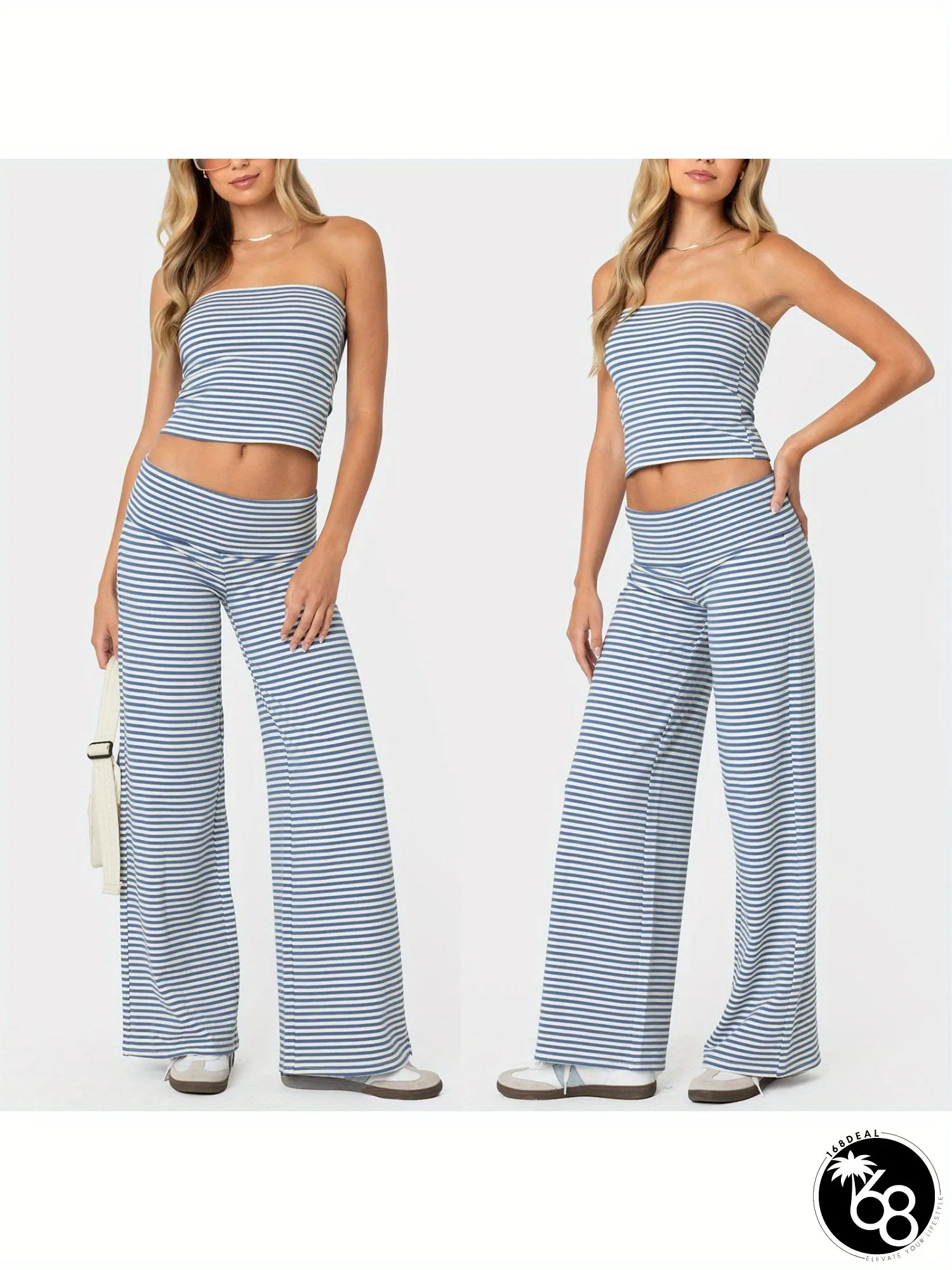 Womens Summer Clothes Stripe Outfits Wrap Dress Tube Top with Fold Over Waist Long pants | 168DEAL