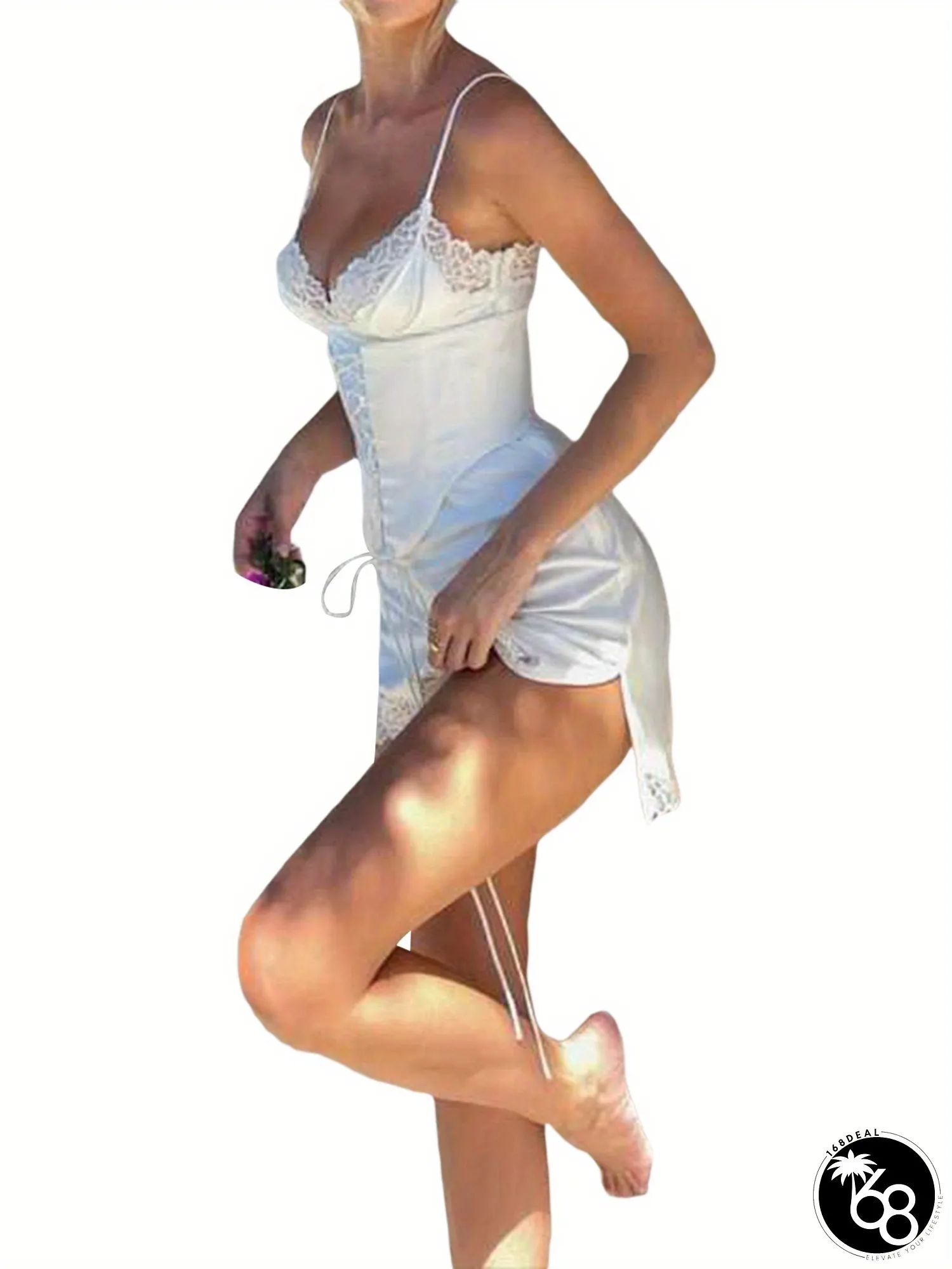 Womens Elegant Lace Satin Bodycon Mini Dress with Cross-Back Tie-Front Closure Sleeveless | 168DEAL