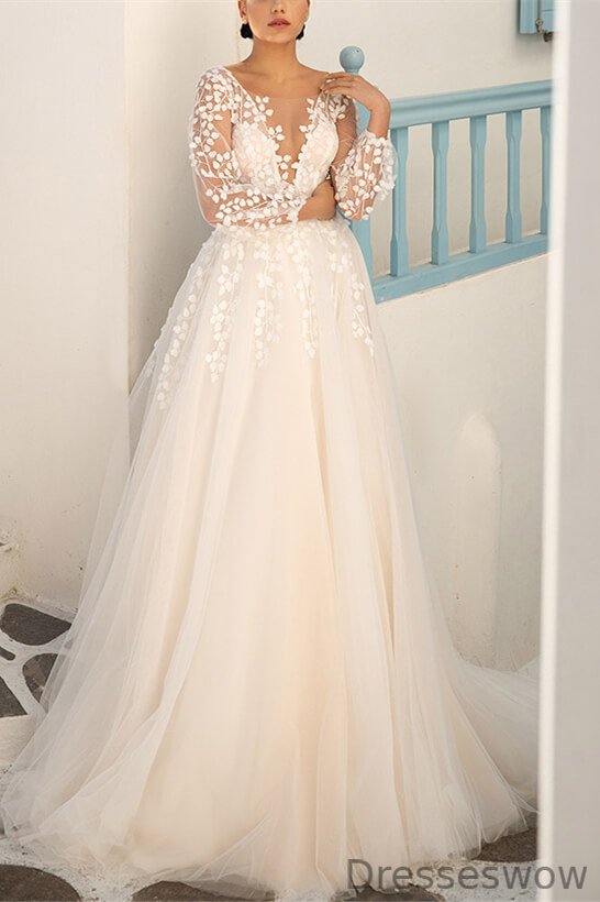 Dresseswow Long Sleeves Champagne Wedding Dress Tulle Long With Appliques