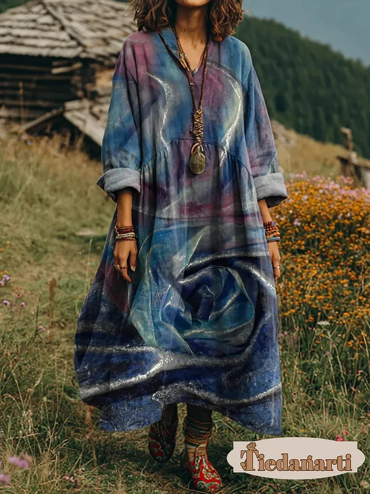 Women's Abstract Floral Print Artistic V-neck Long-sleeve Cotton Pocket Dress