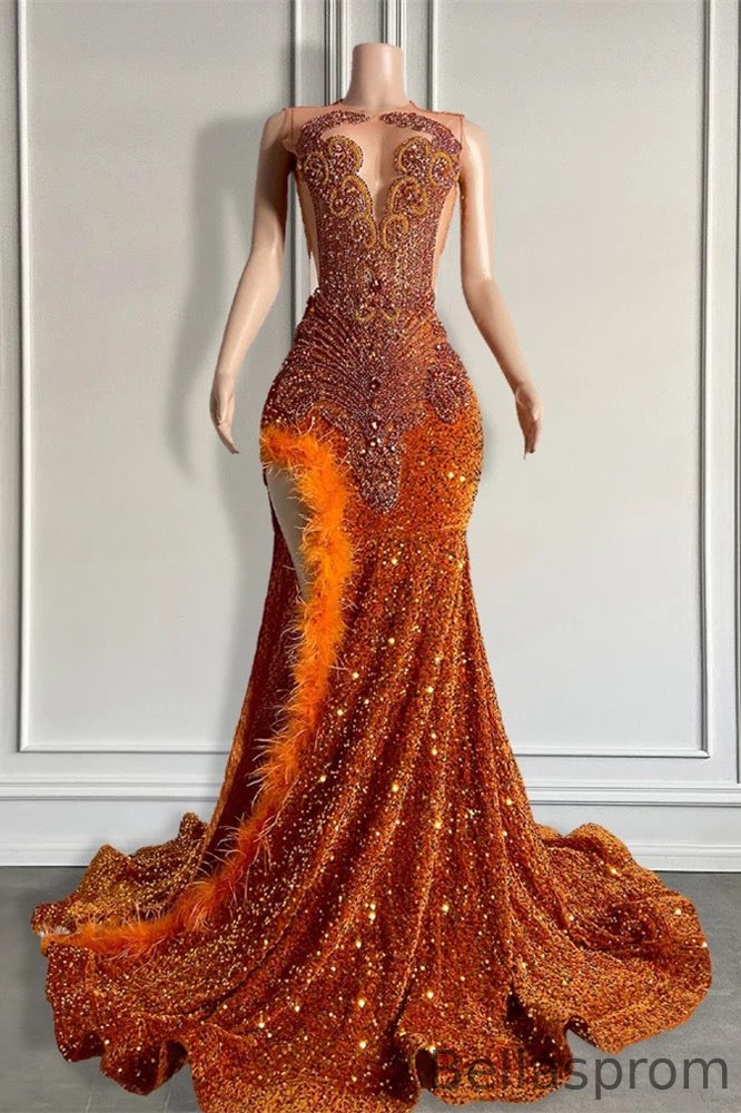 Bellasprom Burnt Orange Sequins Prom Dress Mermaid Side Slit Long With Beadings Feathers Bellasprom