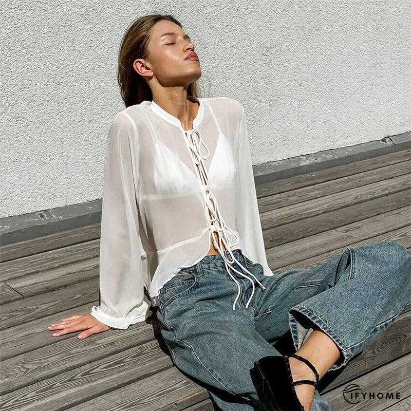 White Tie-Up Top With Mandarin Collar | IFYHOME