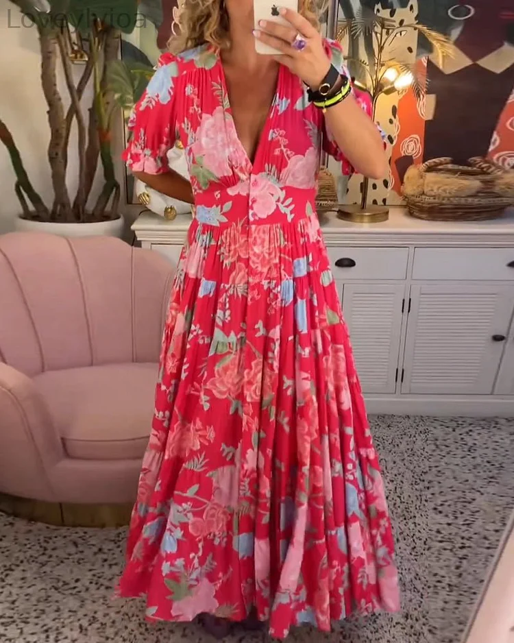 Floral Print V-Neck Pocket Dress