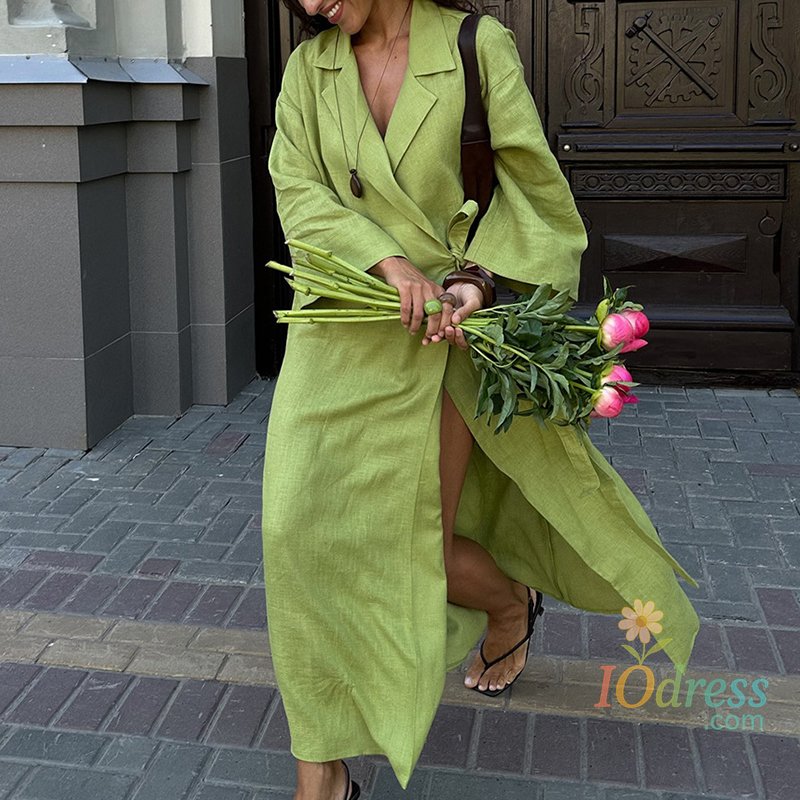 IO Dress Simple Solid Color High Street Lace Up Cardigan Dress Office Elegant Swing Robe Dress 2025 Autumn Women Lapel Long Sleeved Dress