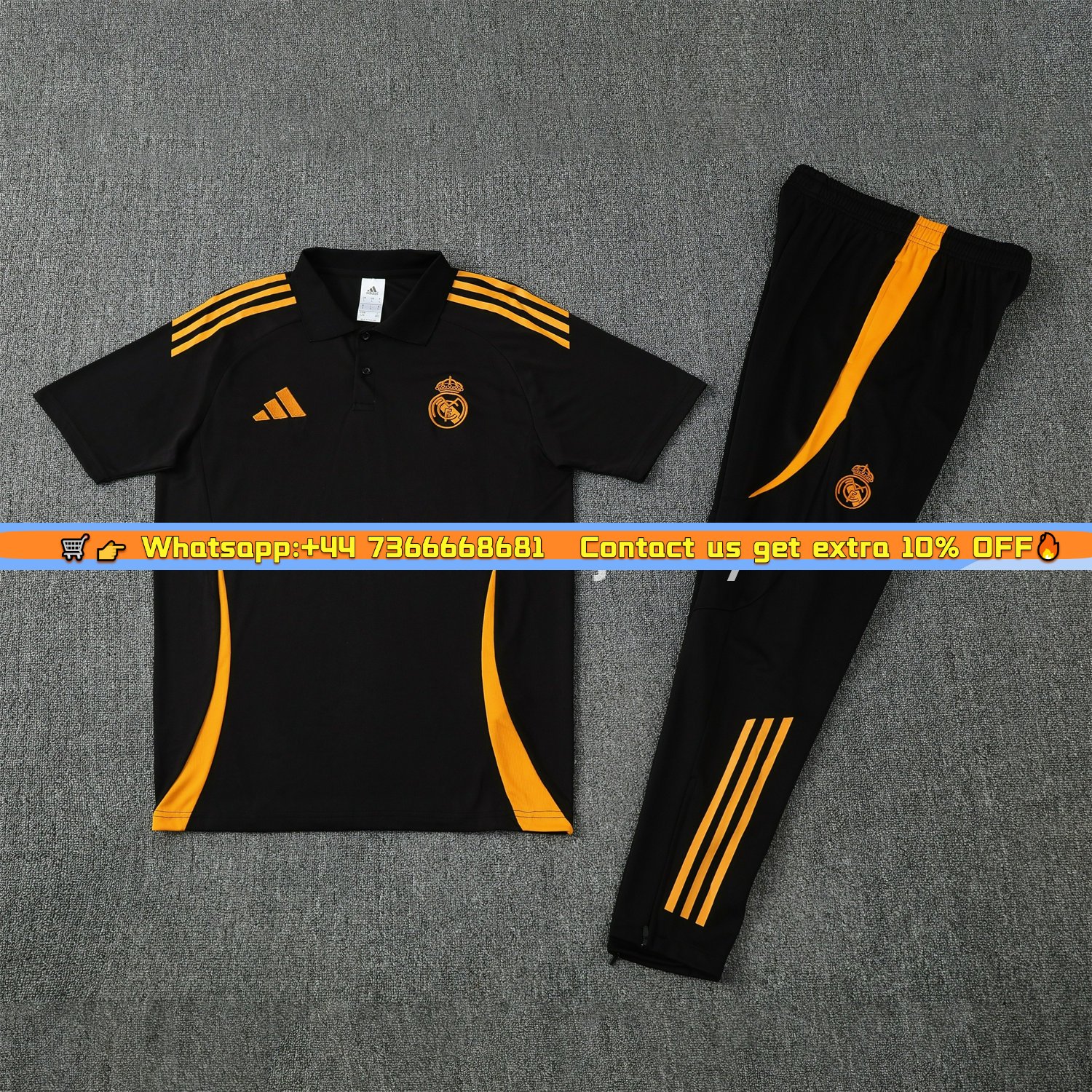 Real Madrid 25-26 POLO Short-Sleeve Training Set - Black Top and Pants with Yellow Stripes