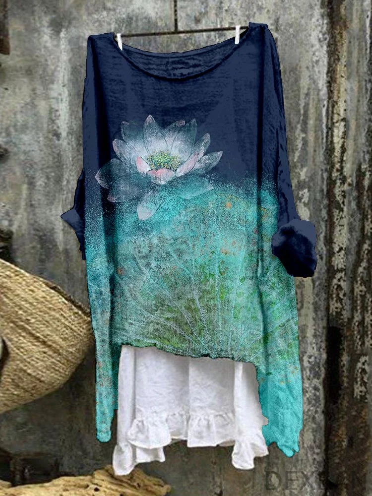 Vintage Lotus Flower Art Linen Blend Flowy Tunic