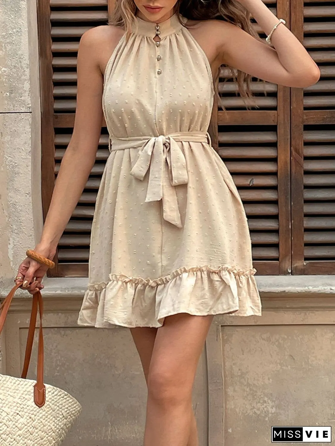 Perfee Swiss Dot Ruffled Sleeveless Mini Dress