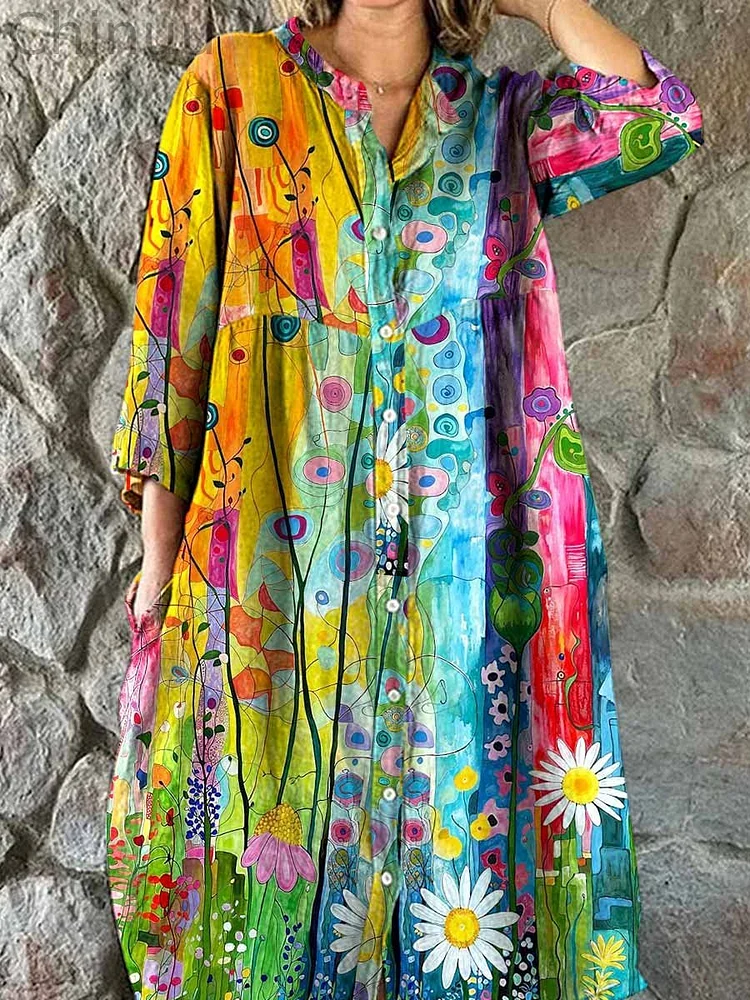 Women's Elegant Colorful Floral Shirt Style Cotton and Linen Dress