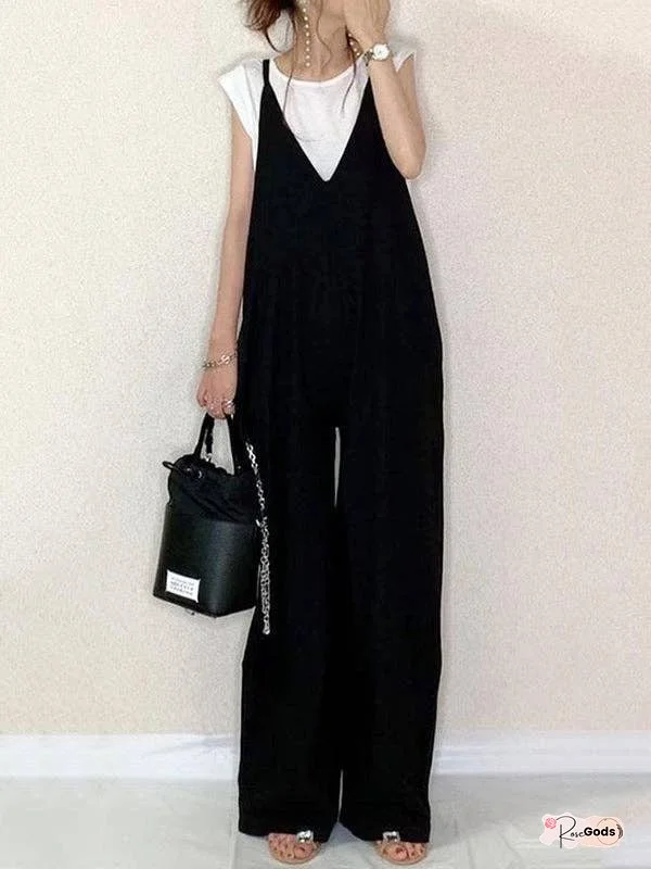 Loose Sleeveless Solid Color Split-Joint Spaghetti-Neck Jumpsuits
