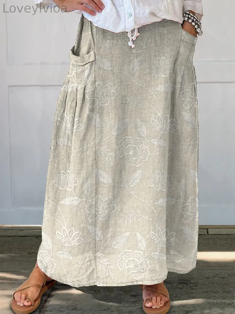 Women's Vintage Floral Art Linen Pocket Skirt