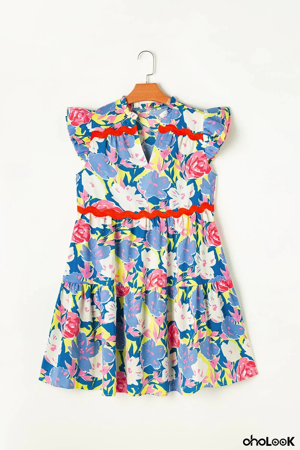 Floral Printed V Notched Flutter Sleeve Dress