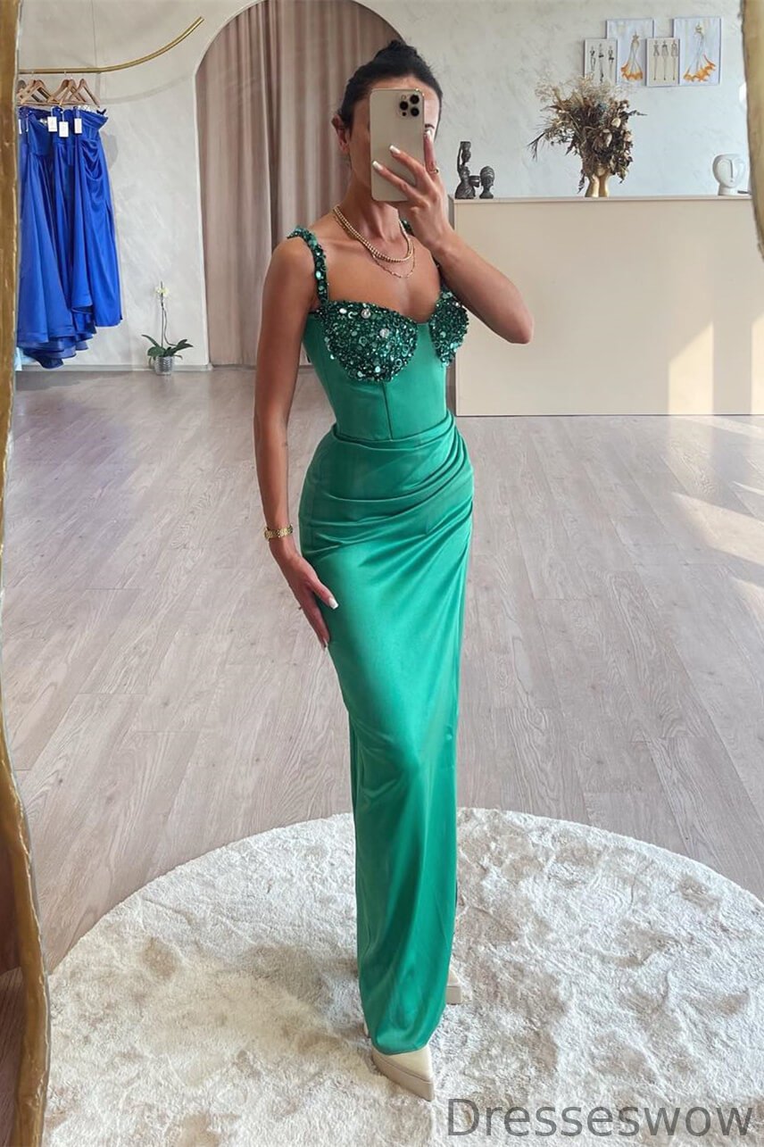 Dresseswow Emerald Green Sleeveless Sweetheart Mermaid Party Prom Dresses With Sequins