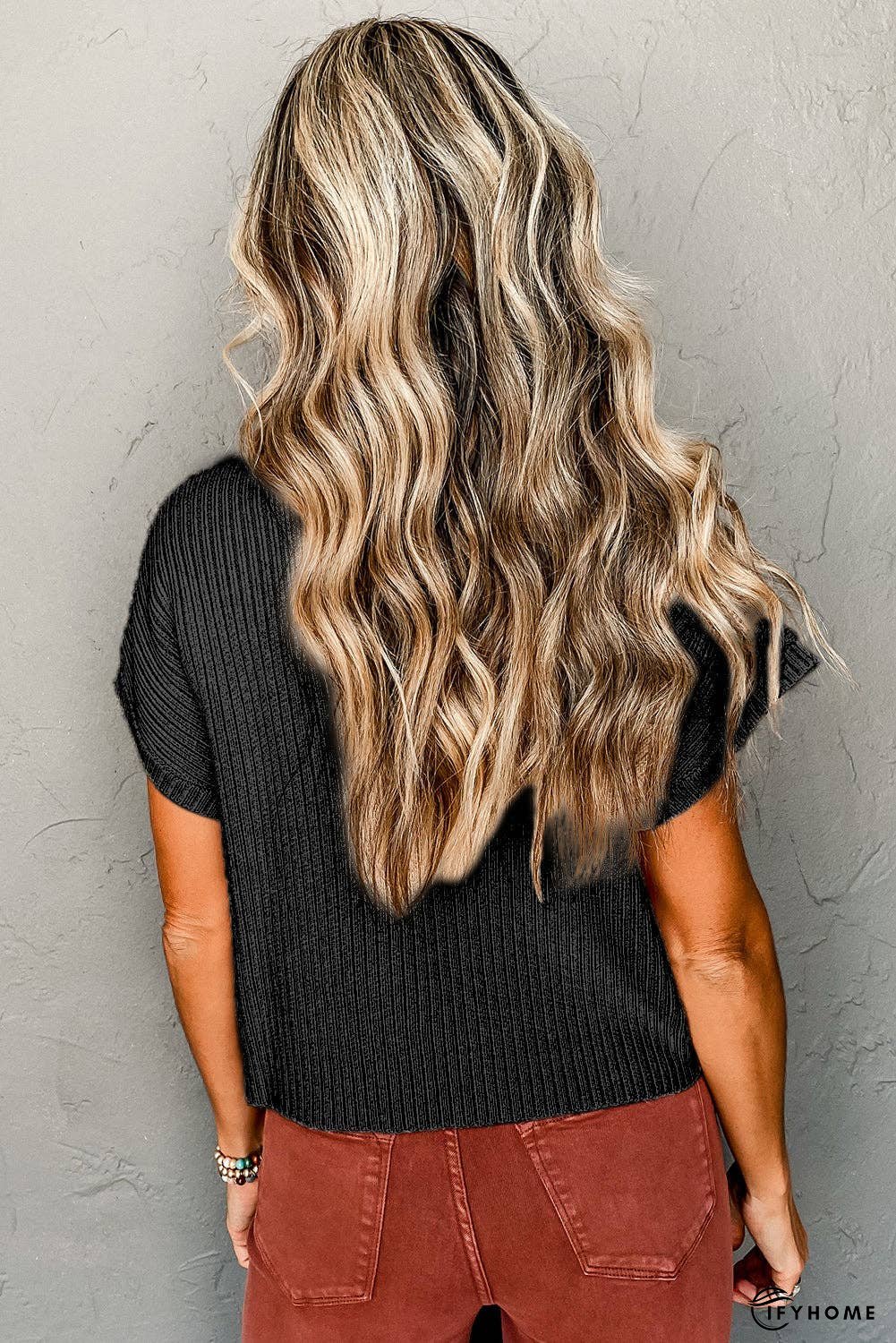 Oatmeal Patch Pocket Ribbed Knit Short Sleeve Sweater | IFYHOME