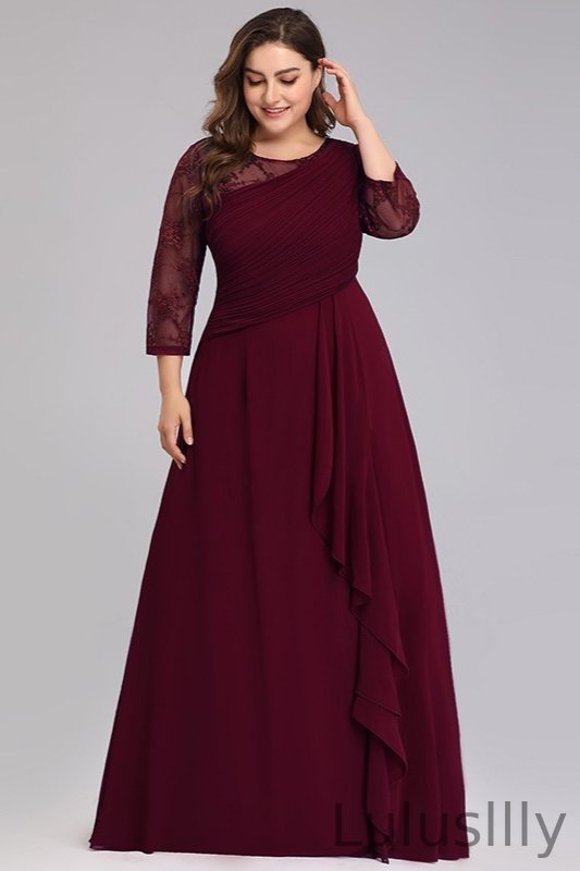 Long Sleeve Plus Size Prom Dress With Lace Long Chiffon Evening Gowns - lulusllly