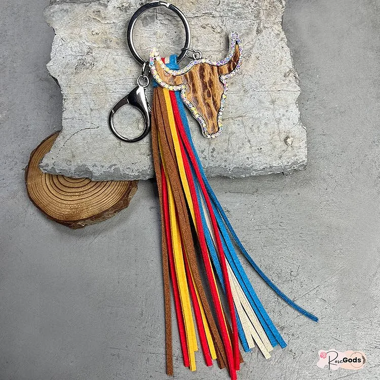 Rhinestone Bull Keychain with Tassel