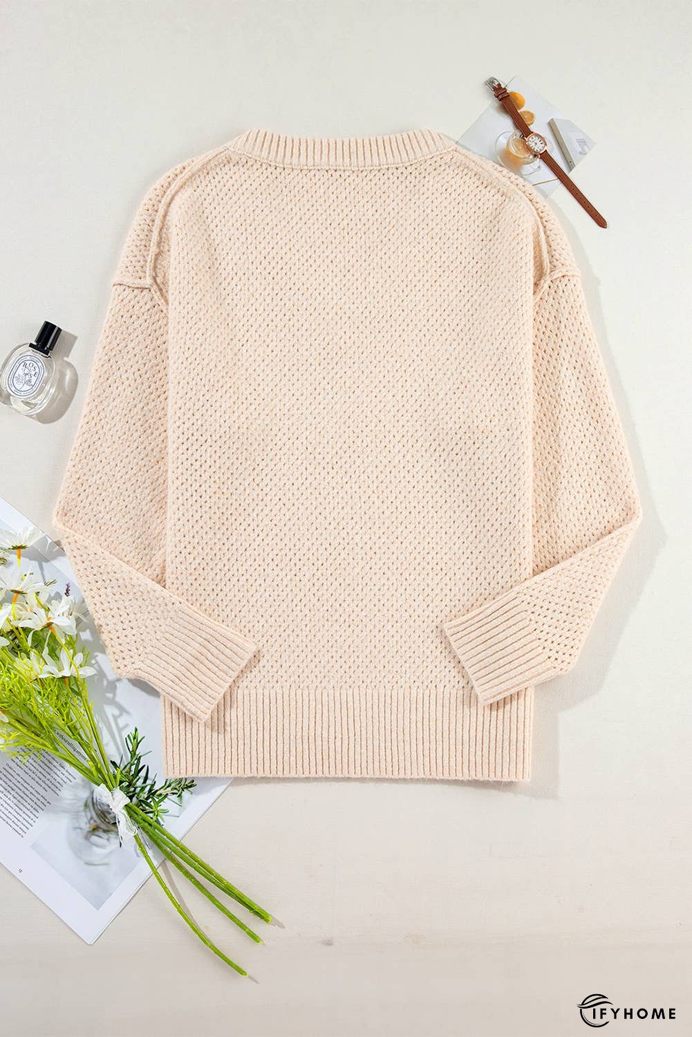 Loose Eyelet V Neck Drop Shoulder Sweater | IFYHOME