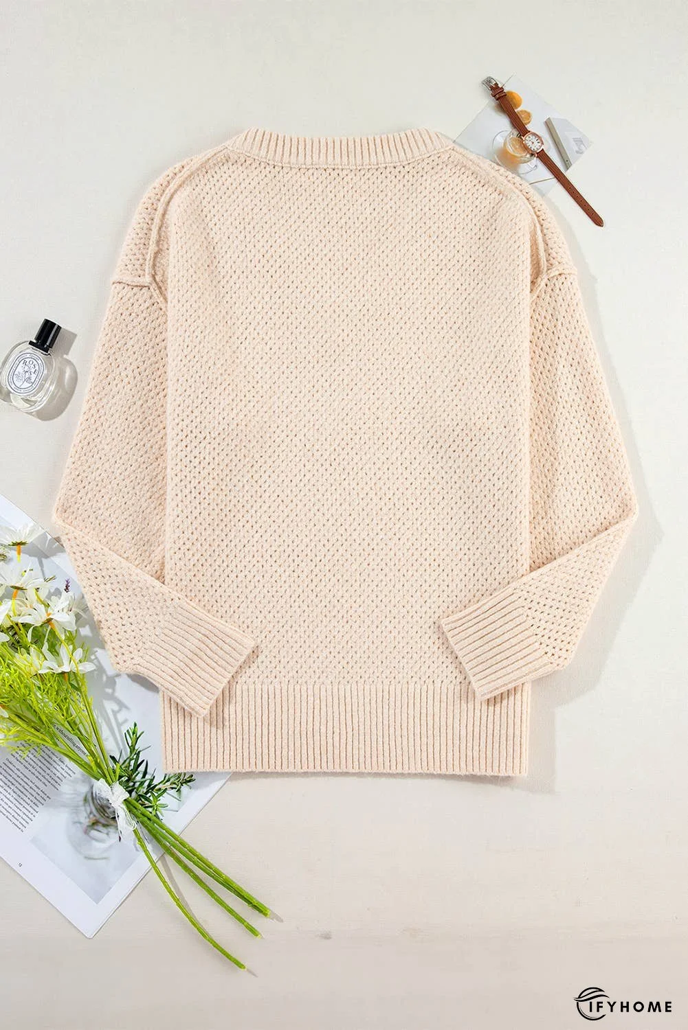 Loose Eyelet V Neck Drop Shoulder Sweater | IFYHOME