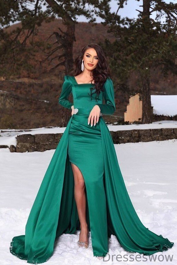 Dresseswow Emerald Green Long Sleeves Evening Dress mermaid Split Long